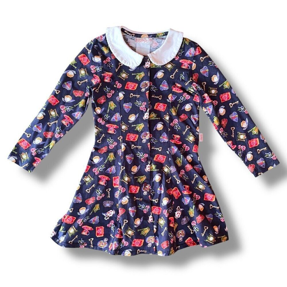 Vintage 90s Esprit Girls Dress Sz Large Navy Blue Victorian Print Skater Flare